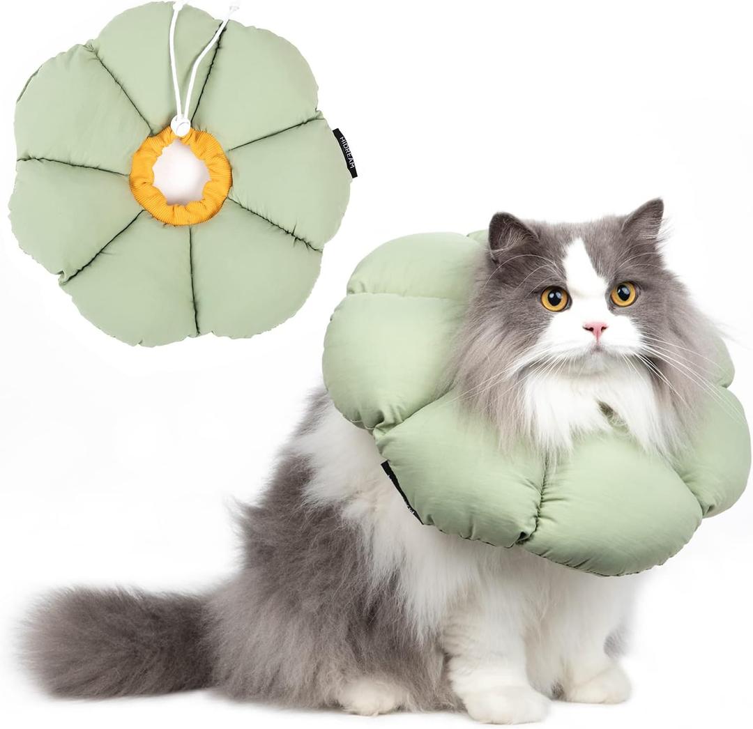 Cat Cone Collar,Cute Waterproof Cat Recovery Collar,Anti-Bite Lick Wound Healing Safety Elizabethan e Collar for Cats,Green Flower All-Season Style, Large