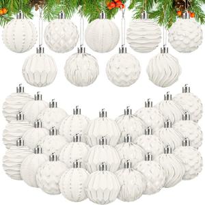 Liliful 36 Pcs Farmhouse Ball Ornaments Set Distressed Christmas Tree Ornaments Vintage Christmas Balls for Retro Holiday Party Decor (White-Silver)