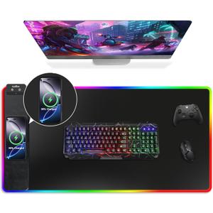 Mouse Pad with Wireless Charging, RGB Gaming Mousepad, Large Desk Mat with Ultra-Smooth Surface, Non-Slip Mouse Mat, Waterproof Computer Keyboard Pad for Gaming, Desk, Office, PC, 800x400x4MM, Black