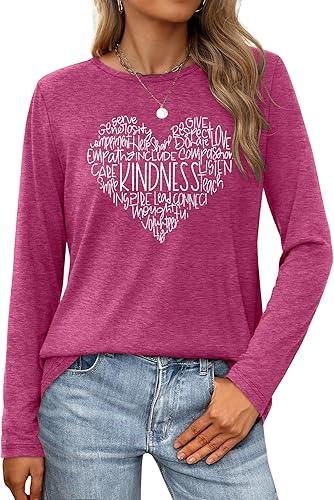 Anbech Women's Long Sleeve Graphic Tshirts Kindness Print Crew Neck Casual Tee Tops (X-Large)