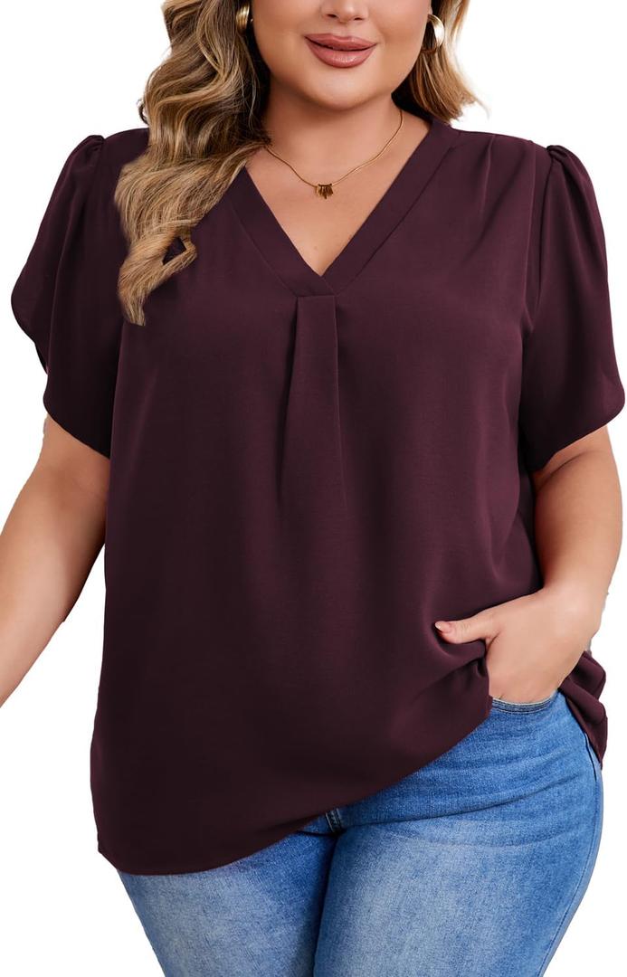 Women's Plus Size Casual Blouses Solid Business Work Tops Petal Short Sleeve V Neck Loose Fit T Shirt Summer Trendy 2026 Fuchsia
