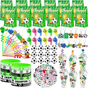 208Pcs Soccer Party Favors Party Supplies Contains Soccer Goodie Bags Cups Straw Stickers Mini Soccer Silicone Bracelets Keychains Thank You Tags Ideal Soccer Birthday Party Supplies for Team