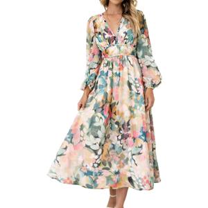 LOZ Women's 2026 Spring Summer Maxi Dresses Long Sleeve V-Neck Puff Sleeve Long Dresses Elegant Wedding Guest Maxi Dress (M)