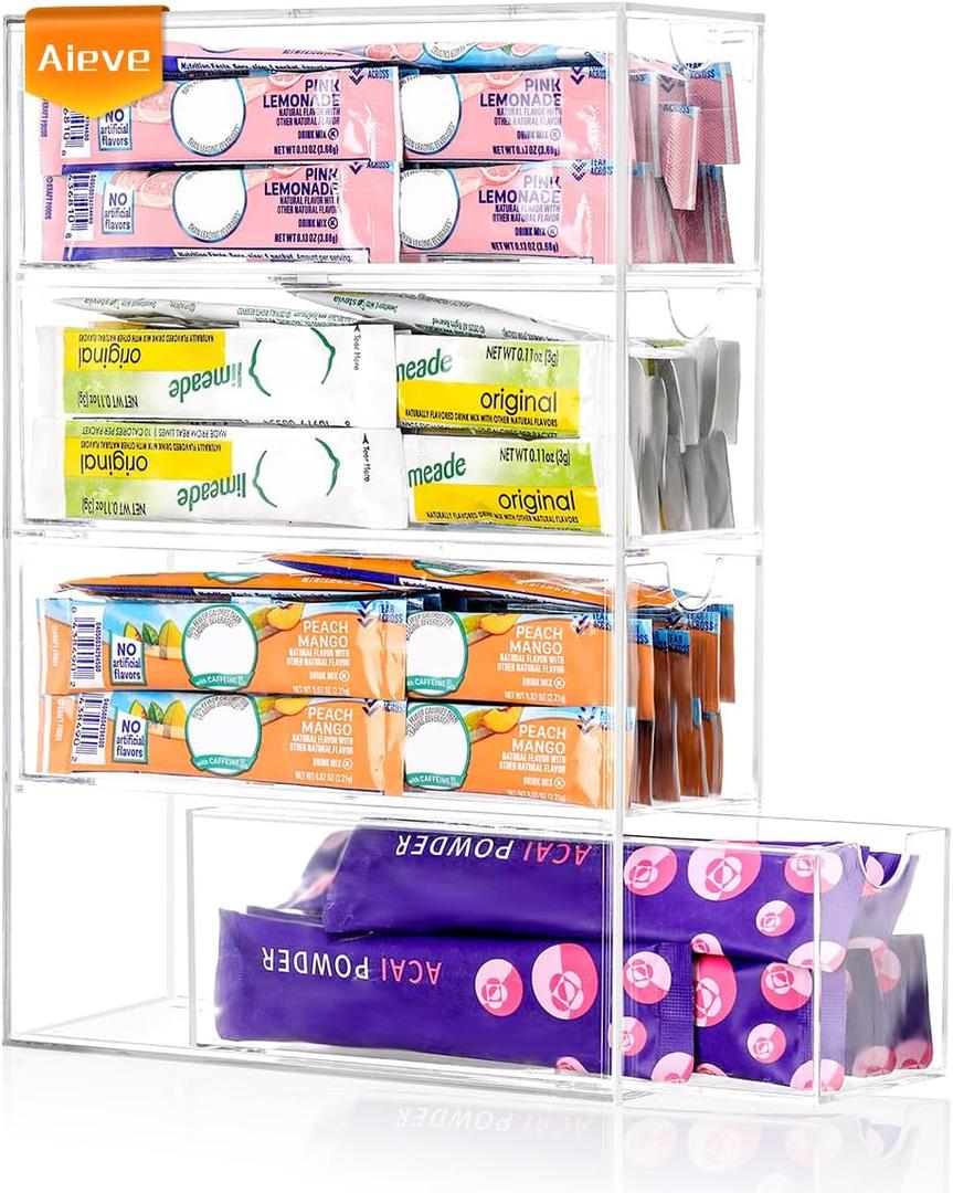 AIEVE Drink Packet Organizer, Drink Mix Holder with 4 Clear Drawers, Acrylic Water Flavor Packets Container, Kitchen Storage Organizers for Pantry Home Organization