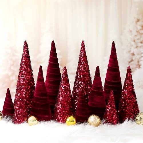 Ireer 11 Pcs Christmas Velvet Trees Set Various Size Velvet Cone Modern Decorations Indoor Table Tree Centerpiece Minimalist Xmas Holiday Winter Home Decor (Colorful)