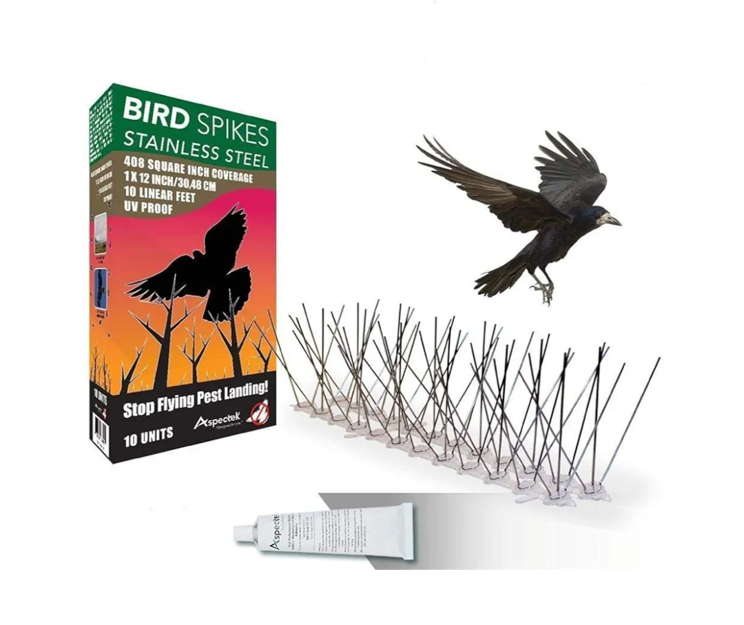 Aspectek Bird Spikes, Stainless Steel Bird Nesting Deterrent and Repellent Kit, Pigeon and Squirrel Spikes for Outdoor Use, 10 Feet with Transparent Silicone Glue