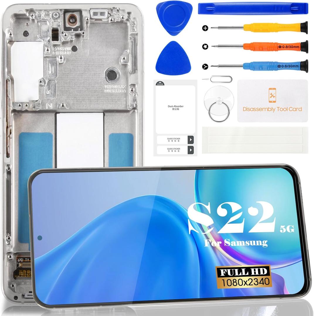 OLED for Samsung S22 5G Screen Replacement for Samsung Galaxy S22 5G SM-S901B G901U G901A G901W Digitizer Touch Screen Assembly with Frame US Version Silver (with Fingerprint)