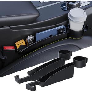2 x Car Seat Gap Filler Set of 2, Upgraded Car Side Seat Gap Fillers with Organizer, Cup Holder & Hook Function, Inserts Between Front Seats Console Catcher 4in1 Gap Stopper Fill Plug Storage Box (Black)