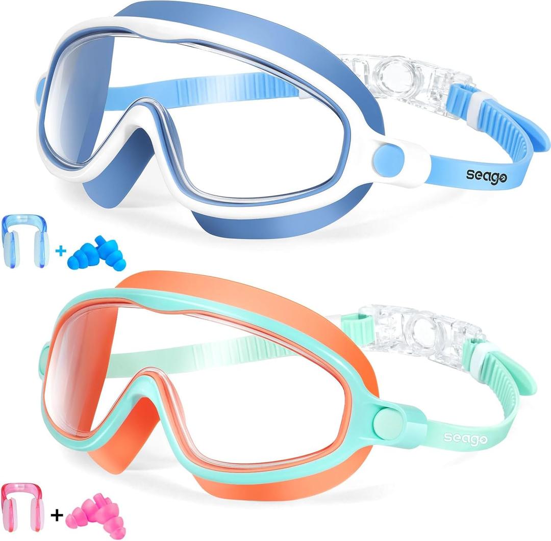 Seago Swim Goggles 2 Pack Anti-Fog Anti-UV Wide View Swimming Goggles for Kids 3-14 (Blue White & Orange Green)