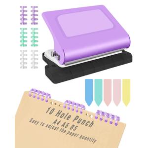 10 Hole Punch Binding Machine for Planners,Paper Puncher with Binder Rings,Punches Holes on B5,A4,A5 Paper,Metal Manual Binding System,Handheld Metal Circle Paper Puncher for Home Office Study,Purple