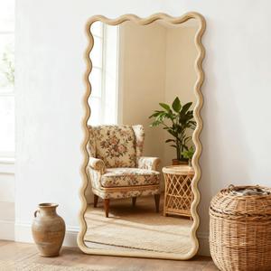Full Length Mirror, 55"x28" Boho Wavy Wood Floor Mirror, for Bathroom, Bedroom, Living Room, Cloakroom, Entryway (Natural)