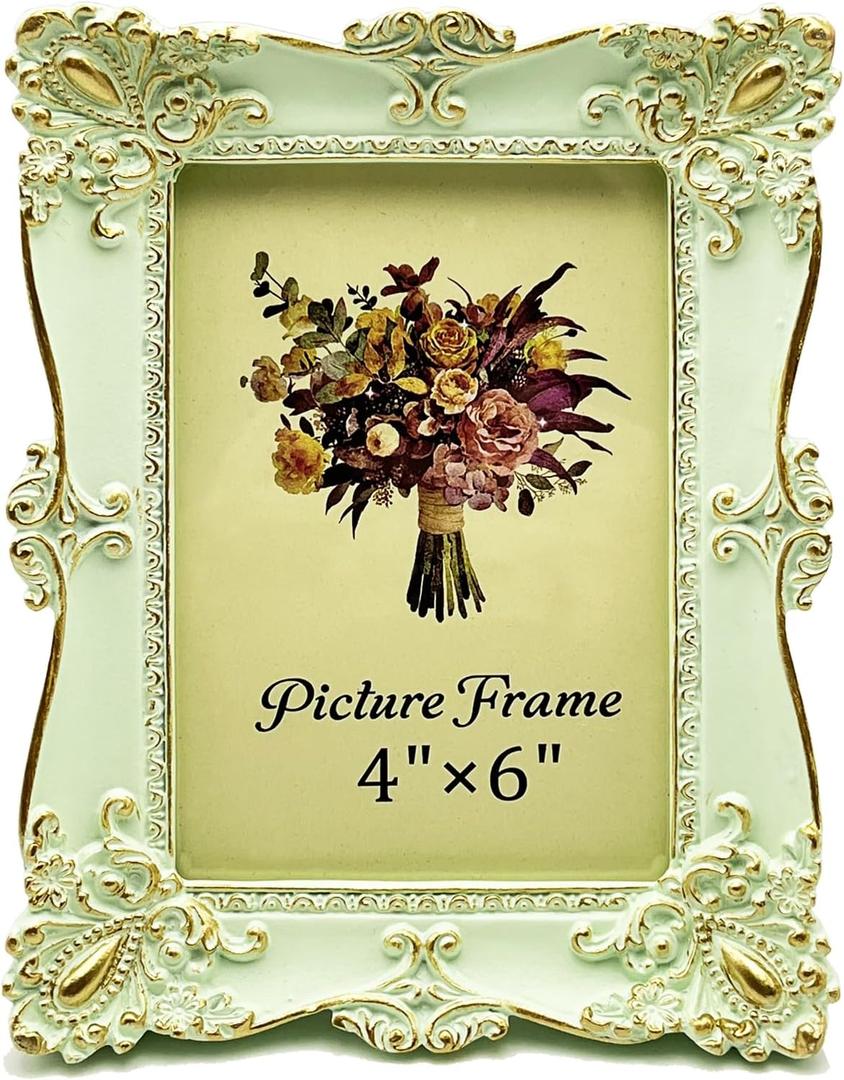 Vintage Picture Frame 4x6 Inch, Elegant Antique Photo Frames with Glass Front, Retro Carving, Tabletop & Wall Hanging, Photo Display, Gift Ideas, Green
