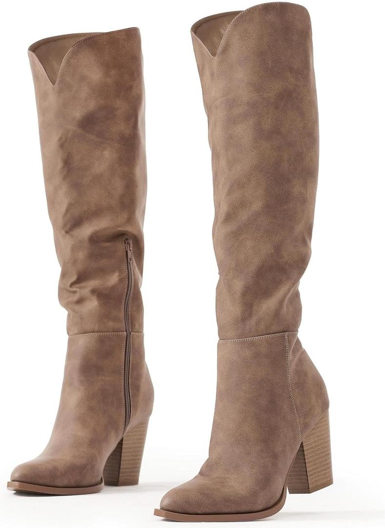 Putu Women's Knee High Boots High Heel Western Boots Pointed Toe Tall Boots (8.5, Leather-brown)