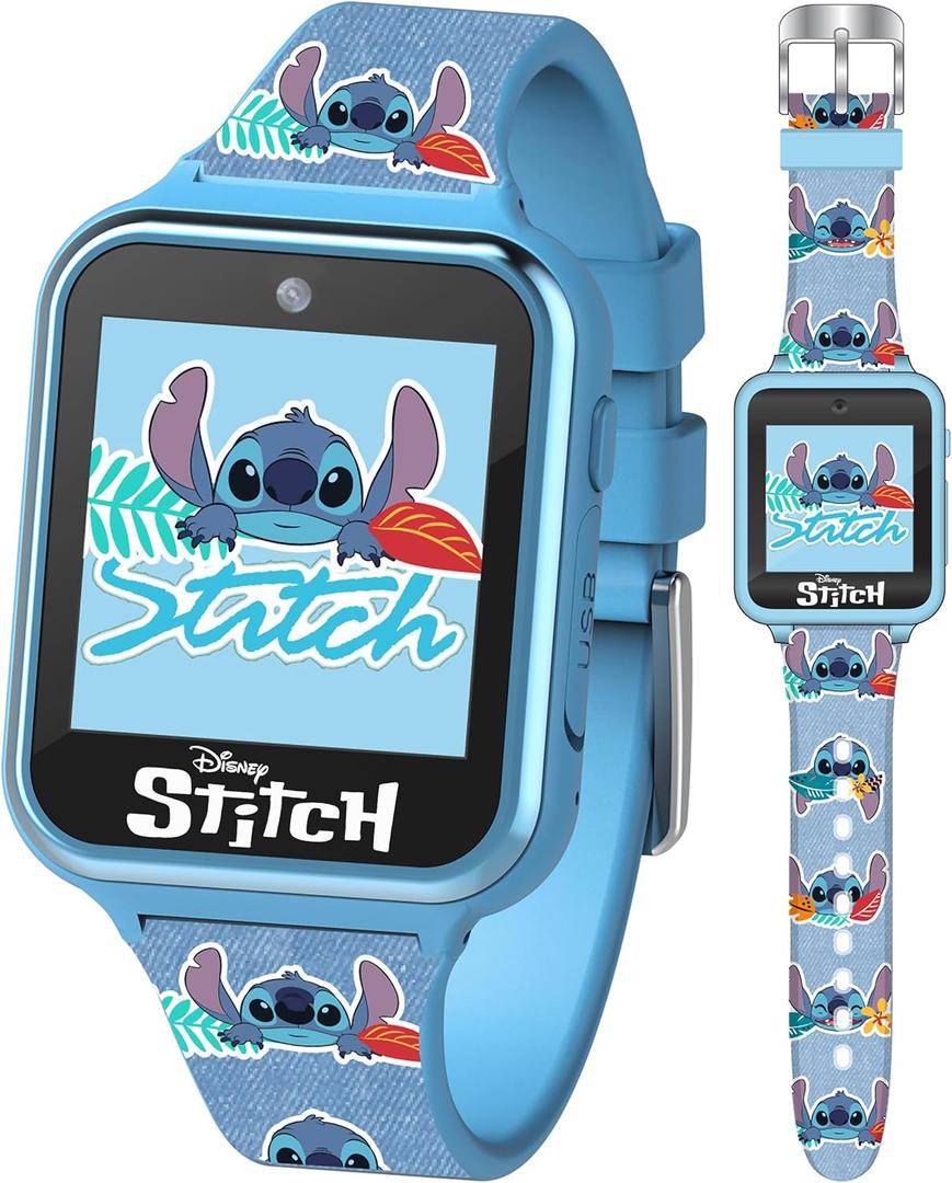 Disney Stitch Kids Smart Watch with 10 Customizable Faces, Camera, Voice Recorder, Calculator, and Step Counter  Touchscreen Interactive Watch for Kids  Blue Silicone Strap