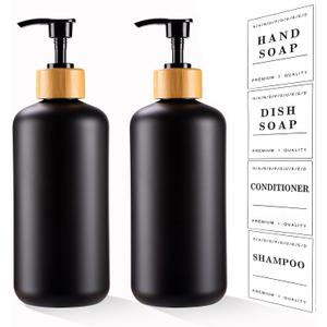 Black Soap Dispenser Set 16oz Plastic Soap Dispenser with Bamboo Pump Hand and Dish for Kitchen Refillable Soap Lotion Dispenser for Shampoo Conditioner Bathroom Kitchen Farmhouse
