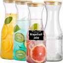 Glass Carafe Pitchers with Lids, Set of 4 1 Liter Embossed Designed Beverage Pitcher Carafe Set for Mimosa Bar, Juice Container for Brunch, Cold Water, Juice -With 4 Wooden Chalkboard Tags