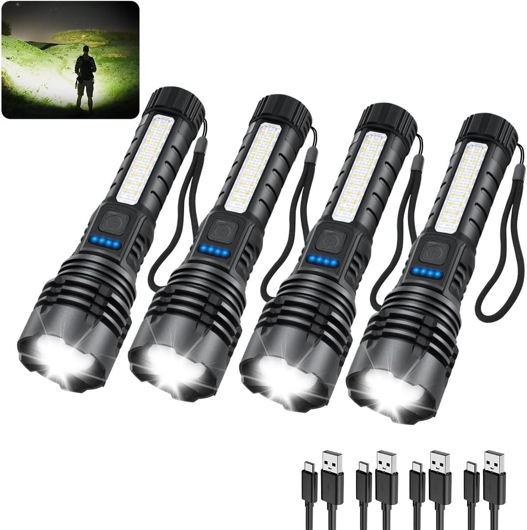Rechargeable Flashlights High Lumens, 7Mode Flashlights Rechargeable, Super Bright Flashlight Camping, Adjustable Tactical Flash Light High Powered, LED Flashlight for Home Emergency 4Pack