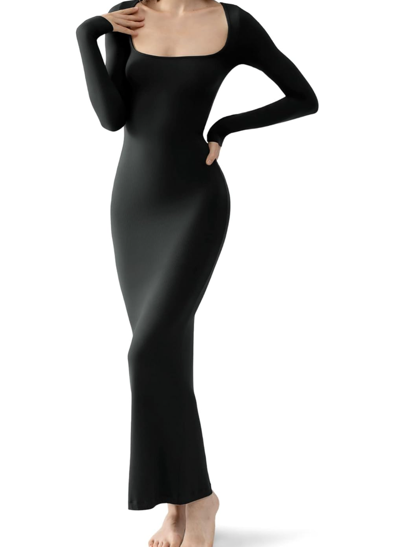 PUMIEY Women's Square Neck Long Sleeve Maxi Dress Ribbed Bodycon Dresses for Women Soft Lounge Dress S