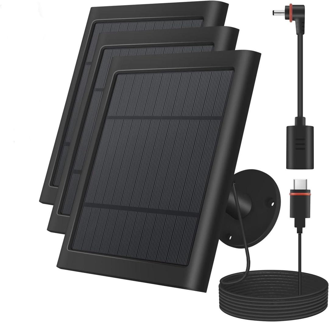 3 Pack 4W Solar Charger for Spotlight & Stick Up Outdoor Cam, Black, High Efficiency, 10FT/3M Long Cable with USB-C to Barrel Plug