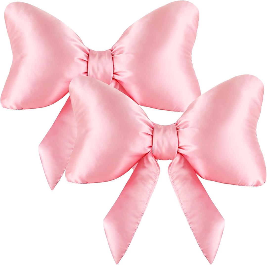 Homaisson 2 Pcs Pink Bow Throw Pillow Set, 23.6 x 13.8 in Decorative Bow Pillows, Big Bow Pillow, Satin Bow Shaped Pillow, Soft Decorative Pillows for Sofa, Bed