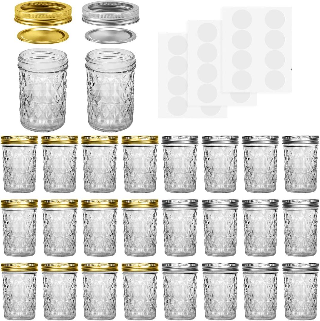 SPANLA Mason Jars 8 oz, 24 Pack Canning Jars 8 oz Half Pint Glass jars with Regular Lids and Bands, Small Mason Jars with Lids Ideal for Jelly Jam Honey Wedding Favors Shower Favors Food