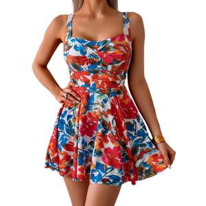 B2prity One Piece Swimdress Swimsuit for Women Tummy Control Wrap Swim Dress Modest Ruched Skirt Bathing Suit (Large, Red Floral Print)