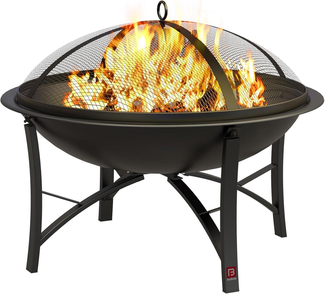 Outdoor Wood Burning Fire Pit, Heavy Duty Round Steel Fire Bowl for Backyard, Patio, Camping, Bonfire, Black Finish, with Mesh Spark Screen and Hook
