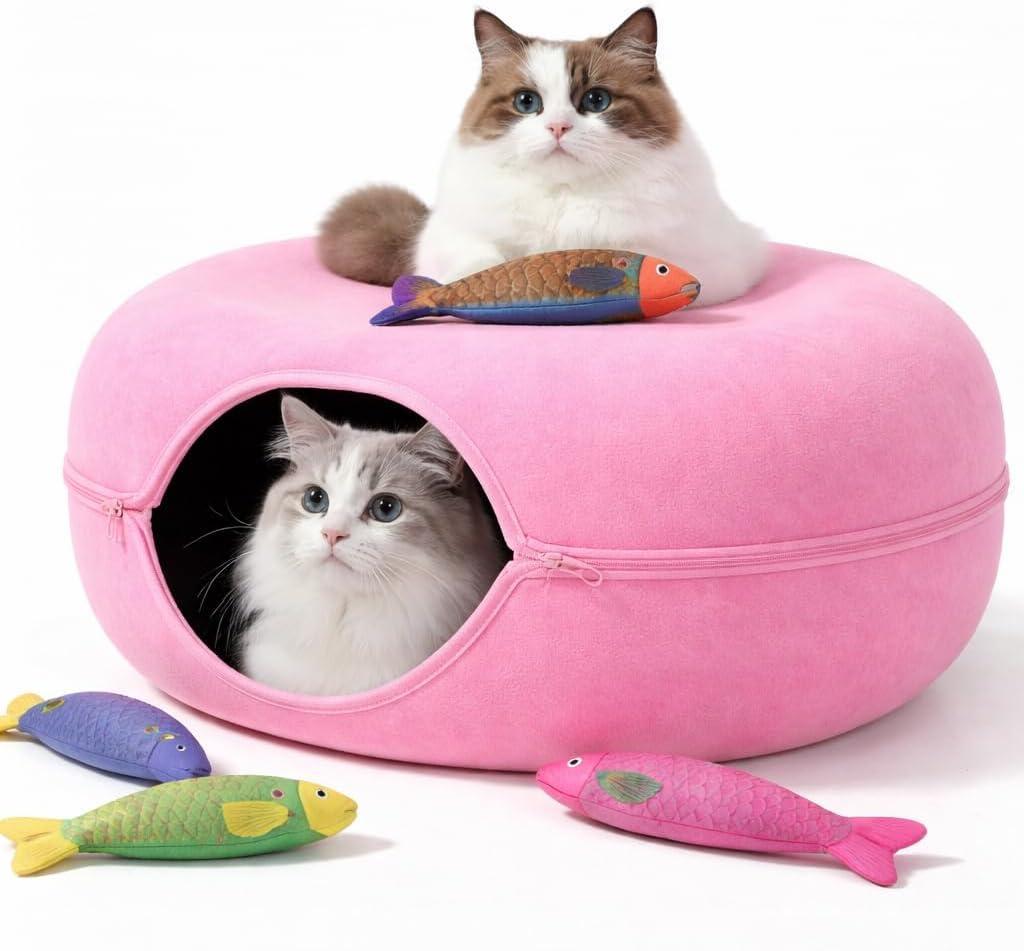 Cat Cave, Cat Tunnel Bed, Premium Cave Donut Tunnel Bed Set with Interactive Soft Cat Toys, Donut Design - Ideal Houses for Indoor by Luniko Shop (Pink)