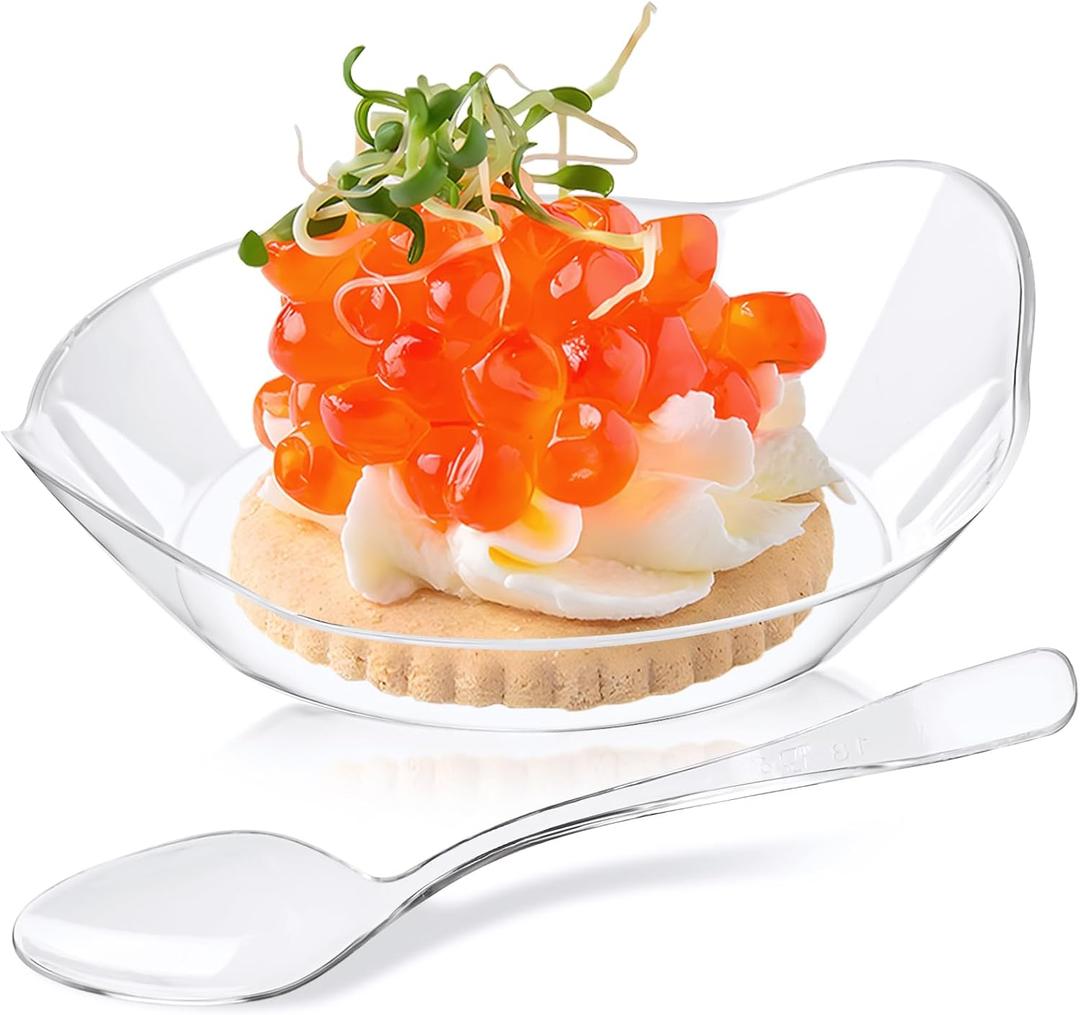 Kucoele 100 Pack Mini Dessert Plates, Small Clear Plastic Trays with Spoons Disposable Party Serving Plates for Appetizer, Dessert, Fruit