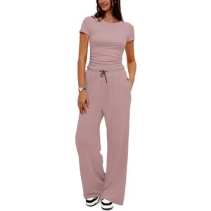 LICOBOD Ruched Short sleeve Tops 2 Piece Outfits Lounge Sets For Women high-elastic Sweatshirt High Waisted Wide Leg Sweatpant, Large, Sakura Pink