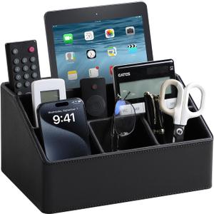 PU Leather Desk Organizer, Luxury Remote Control Holder for Home, Office Desk Accessories Table Caddy Bedside Nightstand Organizer (Black)