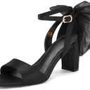 Coutgo Women's Bow Tie Heeled Sandals Chunky Heels One Strap Satin Ankle Buckle Dress Wedding Shoes Size 6