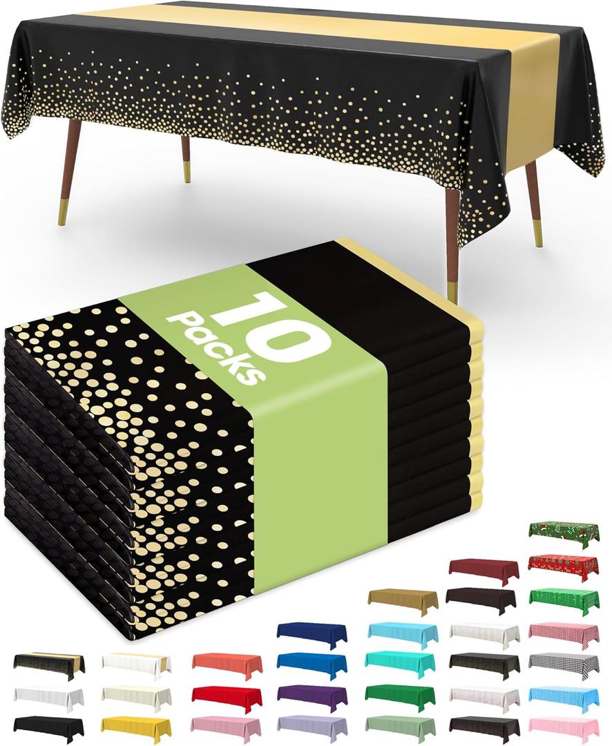 Pureegg Plastic Table Cloth Disposable 10 Pack, 54 x 108 Inch, Table Runner Style, Graduation Decorations 2026, Party Tablecloths, Rectangle, Plastic Cover, Leakproof & Sturdy, Black Gold