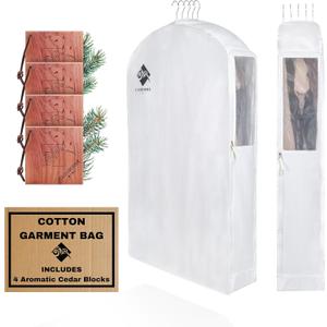 Premium 40 Short Cotton Garment Bag For Hanging Clothes And Storage | Wide 6 Gusset & 4 Cedar Blocks For Fresh Smell And Moth Protection | Best For Suits, Fur Coats, Leather Jackets, Sweaters.