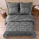 MR&HM Satin Comforter King 7 Pieces - Luxurious Pinch Pleat Bedding Set with Comforter, Flat Sheet, Fitted Sheet, Pillowcases & Shams, Super Silky Soft Bed Set for All Season (King, Dark Grey)