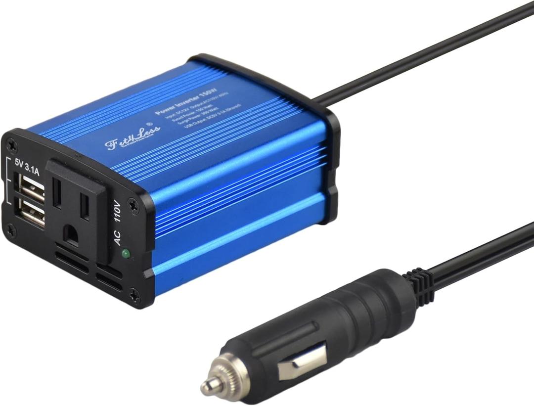 Modified sine wave power inverter 150 watt rated power and 300 watt surge power with 2 USB port output. (Blue)