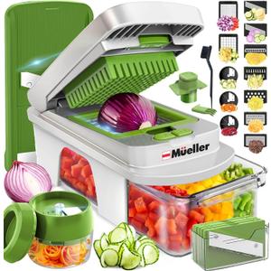 Mueller Pro-Series All-in-One, 12 Blade Mandoline Slicer for Kitchen, Food Chopper, Vegetable Slicer and Spiralizer, Cutter, Dicer, Grater, Kitchen Gadgets Sets with Container, White Sand/Pastel Green