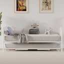 Daybed with Trundle, Metal Twin Size Day Bed with Stylish Headboard, Sofa BedFrame with Pop Up Foldable Trundle Bed, Heavy Duty Steel Slats Platform for Living Room, Bedroom and Guest Room, White