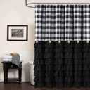 2 x Seasonwood Black Farmhouse Shower Curtain Set with 12 Hooks 72 X 72inch Black and White Buffalo Plaid Pattern Fabric Shower Curtains with Buttons & Black Ruffles for Bathroom Bathtubs Decor