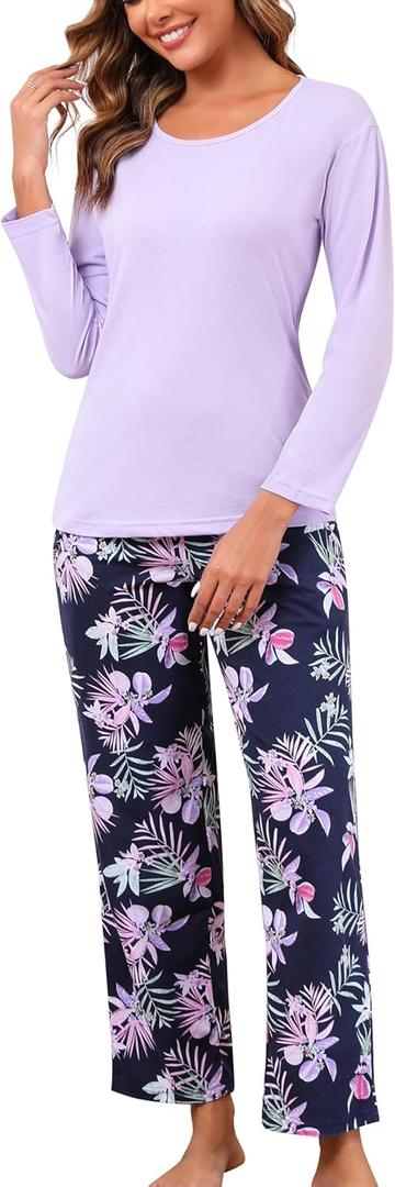PNAEONG Women's Cotton Long-Sleeve Tops and Full-Length Pajama Set Two-Piece Pjs with Pockets SY008 (Purple Flower) PNAEONG Women's Cotton Long-Sleeve Tops and Full-Length Pajama Set Two-Piece Pjs with Pockets SY008 (Purple Flower)
