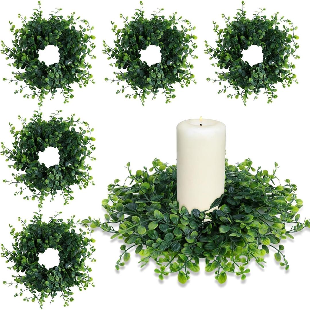 Mini Green Boxwood Candle Rings Wreaths Spring Summer Kitchen Cabinet Swags Wreath 3 Inch Wedding Rings Wreaths Pillar Candle Holder for Wedding Home Door Tabletop Decor (6, Green Boxwood)