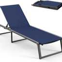 Aluminum Chaise Lounge Chair Outdoor, Foldable & Assembly Free Patio Pool Lounge Chairs 5-Position Recliner for Poolside, Fully Grounded Legs Sun Lounger, Navy Blue, Product Dimensions 71.7"D x 23.6"W x 39.8"H