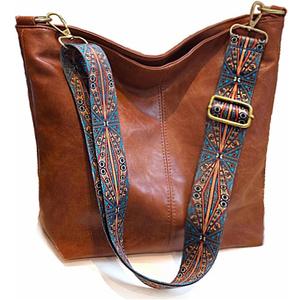 Hobo Bags Vegan Leather Crossbody Bag Guitar Strap Shoulder Purses with Zipper Handbags for Women (Brown)