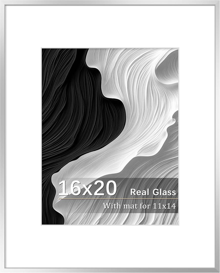 16x20 Frames Silver, Aluminum Poster Frame with Real Glass, Display Photo 11x14 with Mat or 16 x 20 without, Modern Metal Picture Frames for Wall, Horizontal or Vertical Wall Mounting