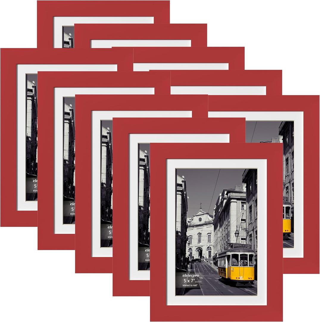 eletecpro 5x7 Picture Frames Set of 10, Picture Frame Collage Wall Decor Display 4x6 Photo with Mat or 5x7 without Mat, Home Decor Gallery Frame for Table Top or Wall Mounting, Red