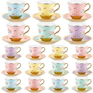 Teenyyou Set of 18 Tea Cups and Saucers, Vintage Style, 5.4 oz