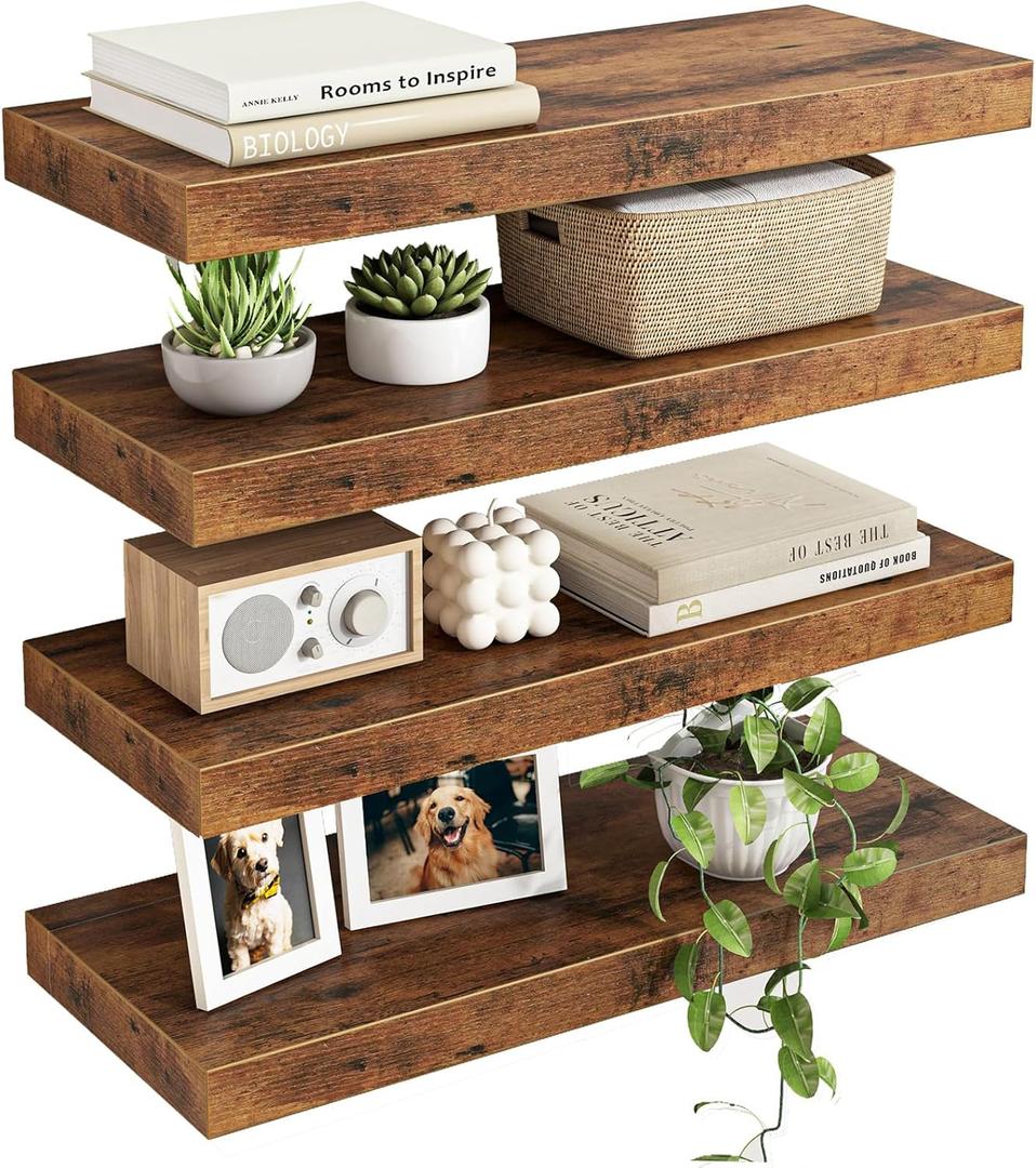 Fixwal 15.8in Wall Shelves, Rustic Wood Finish Floating Shelves Set of 4, Shelves for Wall Decor, with Invisible Brackets for Bathroom, Living Room, Bedroom and Kitchen(Rustic Brown)