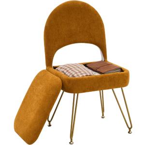 Vanity Stool Chair with Folding Back, Storage Ottomans Faux Fur Vanity Chair, Multifunctional Upholstered Footstool with 4 Metal Legs with Anti-Slip Feet for Bedroom Living Room Entryway