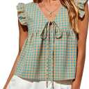 Women's Peplum Tops Summer Gingham Shirt V Neck Ruffle Cap Sleeve Tie Front Top Plaid Babydoll Tank Top Beach Outfits (L)