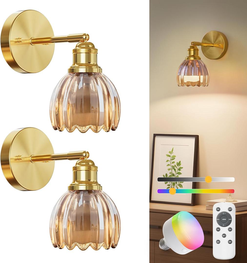 NIORSUN Battery Operated Wall Sconce Set of 2, Amber Wireless Rechargeable Wall Lights with 5200mAh Dimmable Detachable Bulbs and Remote, 9 Colors Sconces Wall Decor for Bedroom Living Room Hallway